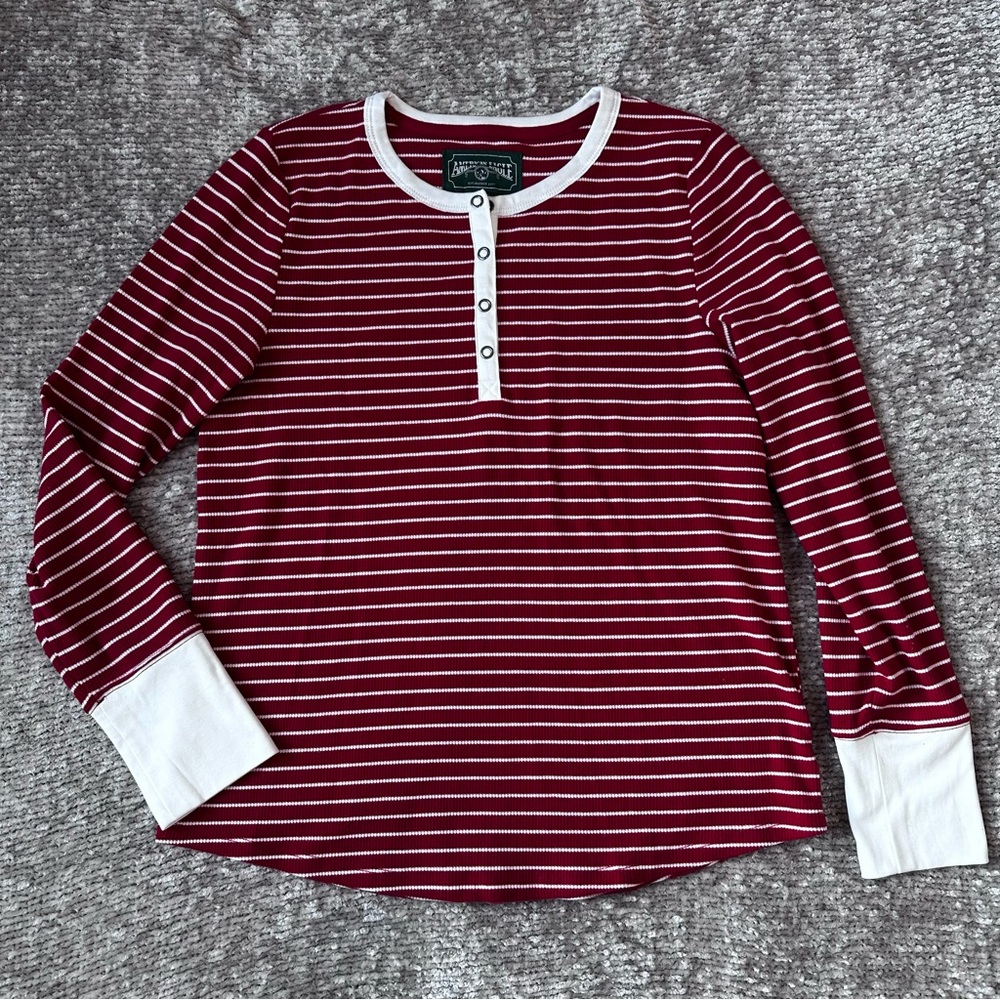 American Eagle Red & White Stripe Thermal Henley Pajama Top